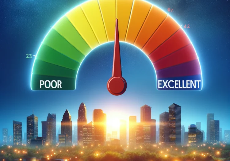 DALL·E 2024-03-17 19.39.55 - Design an image that showcases a credit score meter rising from 'poor' to 'excellent' against a backdrop of a city skyline transitioning from night to